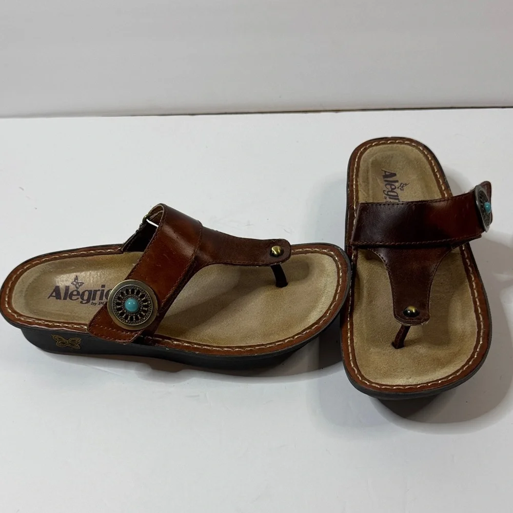 Alegria Carina Brown Leather Thong Sandals with Turquoise Detail